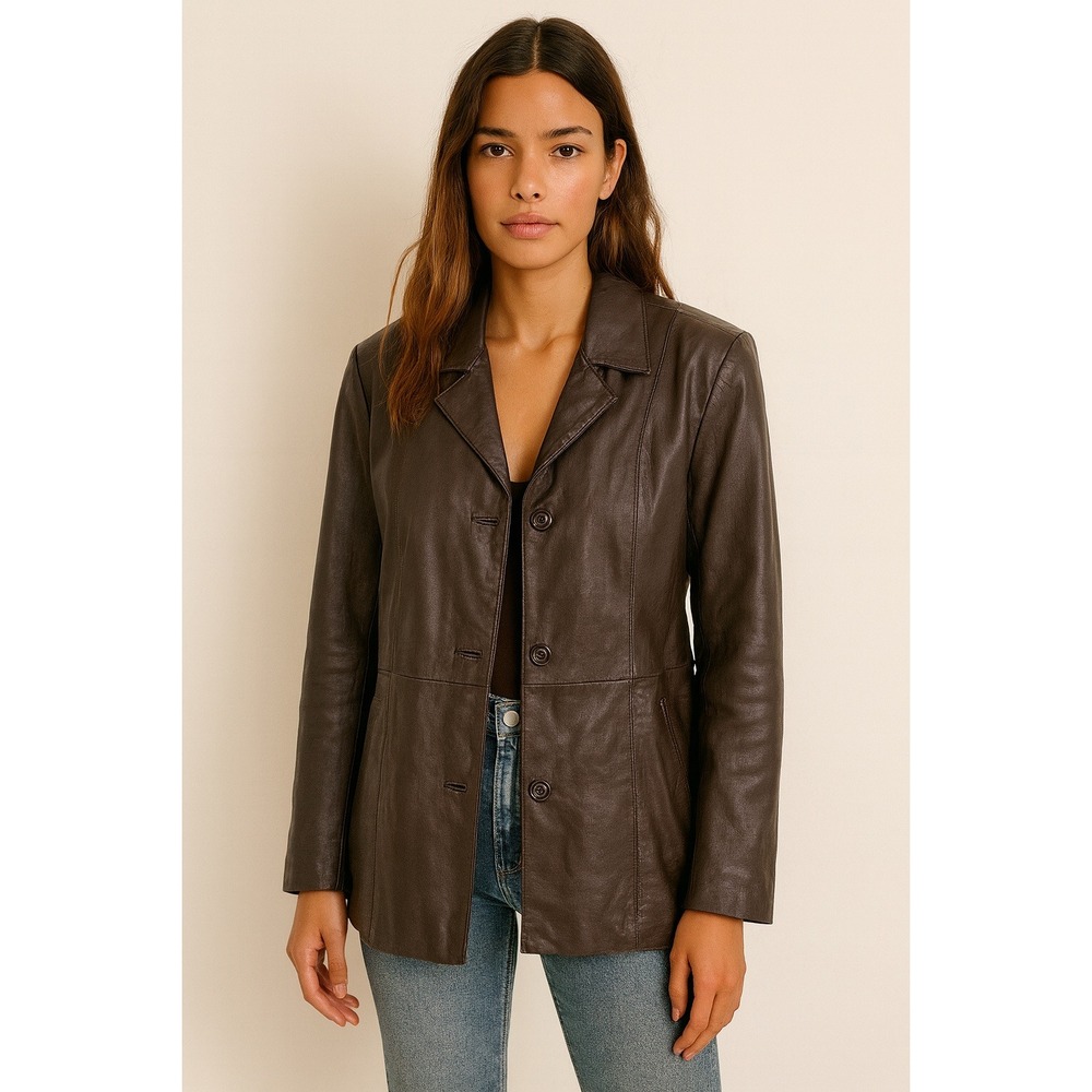 VTG 90s Y2K Jessica Holbrook Chocolate Brown Leather Jacket Coat Women's‎ L